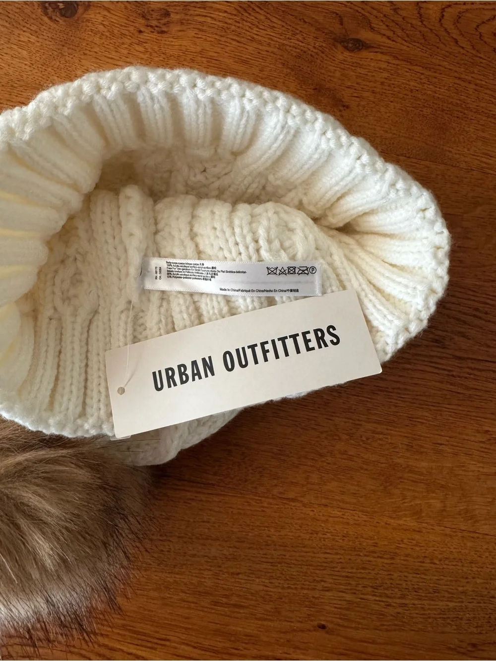 Urban Outfitters Cream Cable Knit Pom Beanie with Brown Faux-Fur Pom